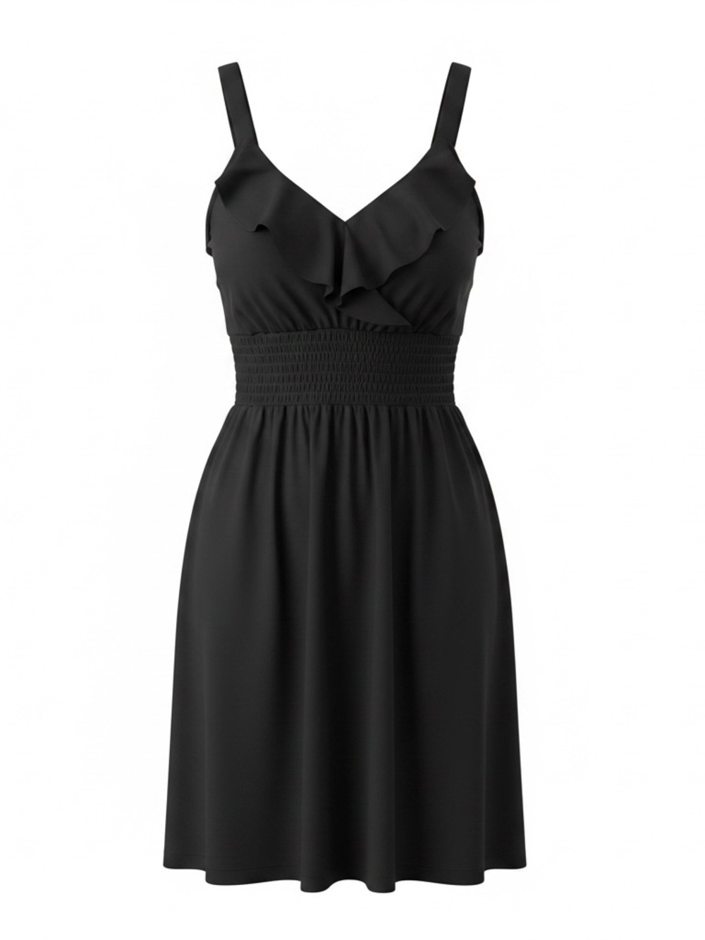 White House Black Market Black Ruffle V-Neck Smocked Waist Mini Dress